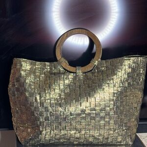 Woven Metallic Gold Tote Bag with Wooden Ring Handles